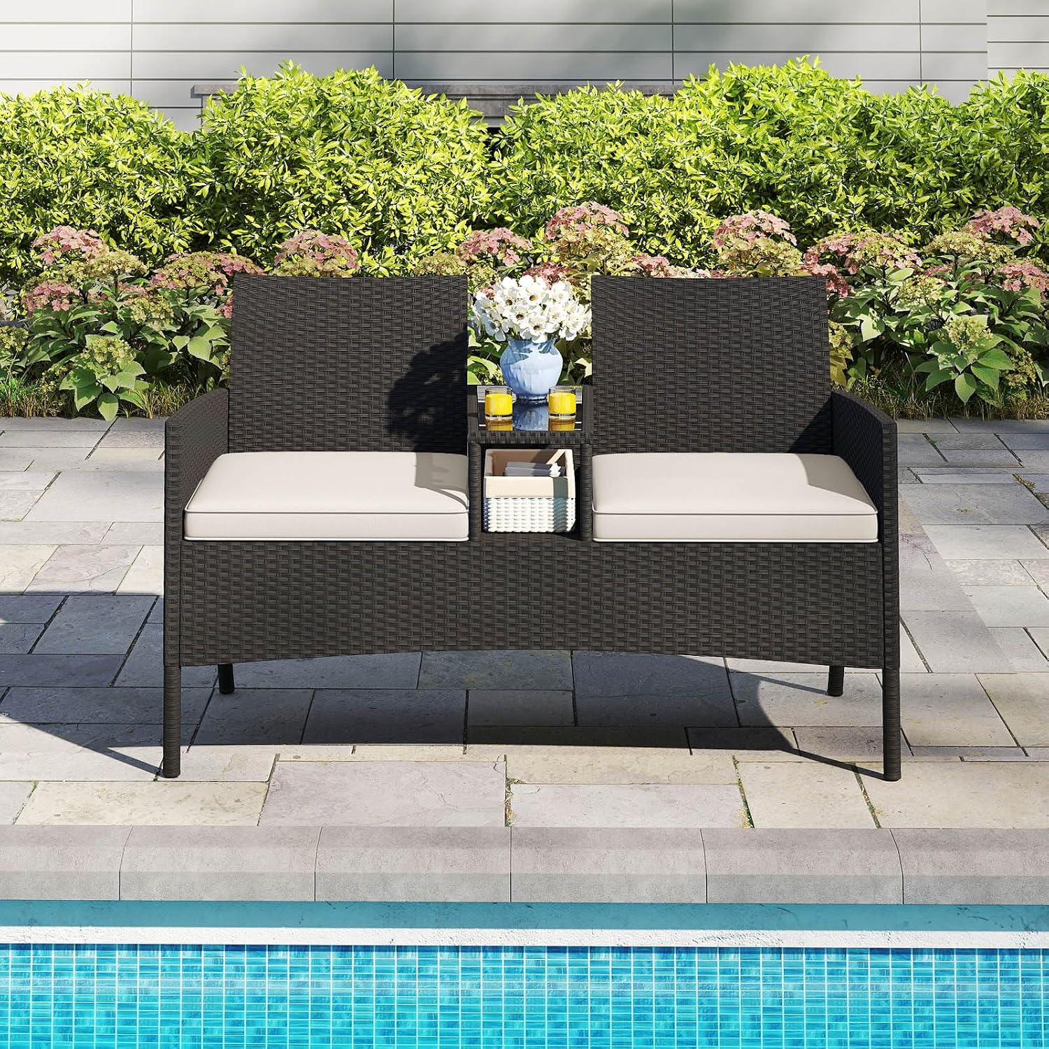 Tangkula Patio Loveseat with Built-in Table, Wicker 2-Seat Furniture with Soft Cushions & Tempered Glass Tabletop, Metal Frame Outdoor Conversation Seating Bench for Backyard, Porch