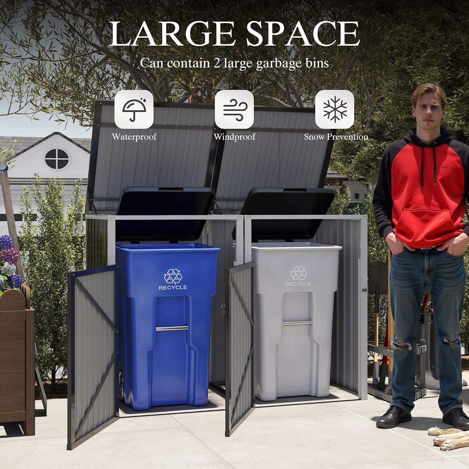 Outdoor Metal Trash Can Storage Shed for 2 Garbage Bins, Galvanized Steel Double Bin Enclosure with Lockable Doors & Hydraulic Lid, Garden Yard Storage Cabinet for Recycling, Dark Gray