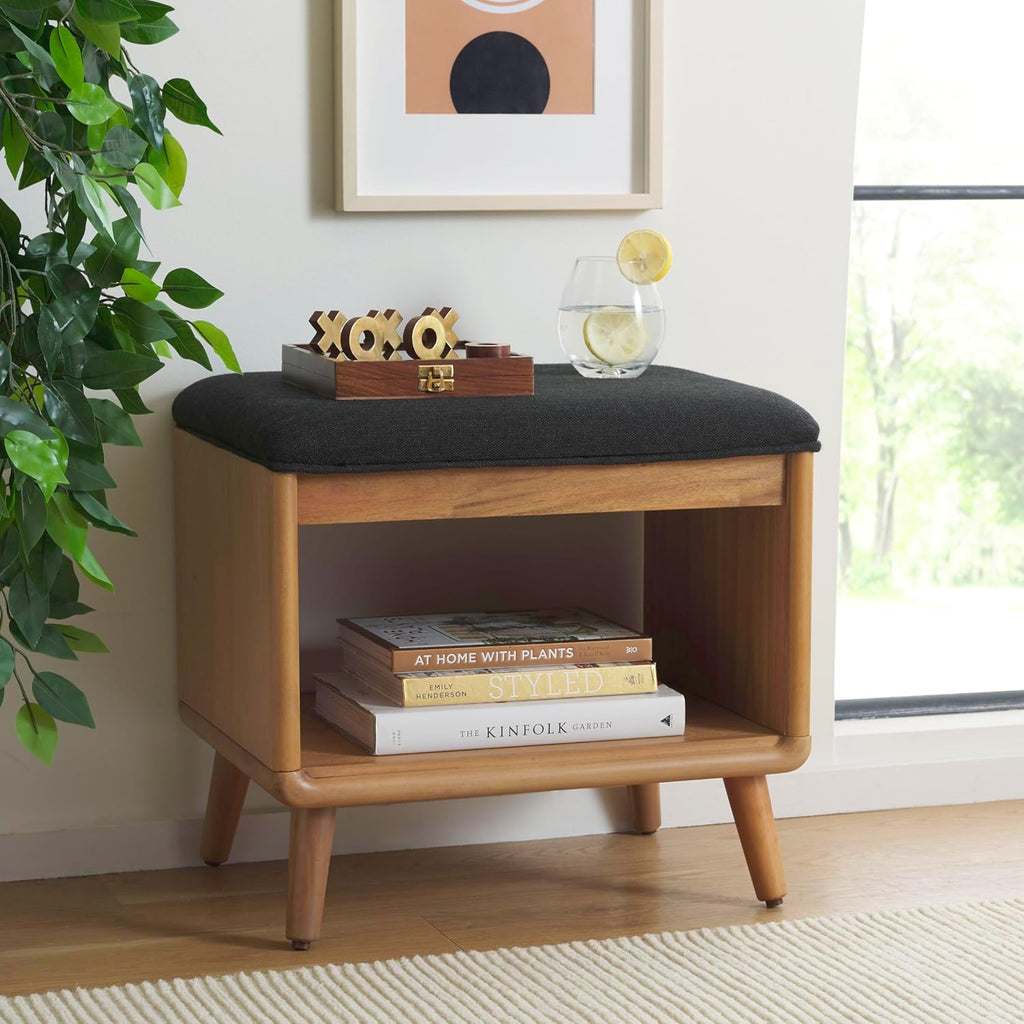SAFAVIEH Home Collection Solo Black/Natural Open Shelf Bench with Cushion