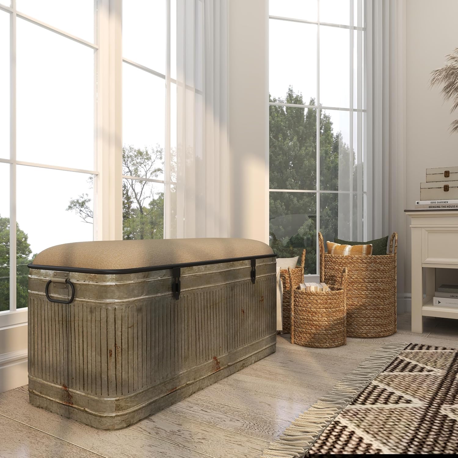 Deco 79 Metal Room Storage Bench Galvanized Entryway Bench with Cream Burlap Top and Black Latches, Bench 38' x 16' x 19', Gray