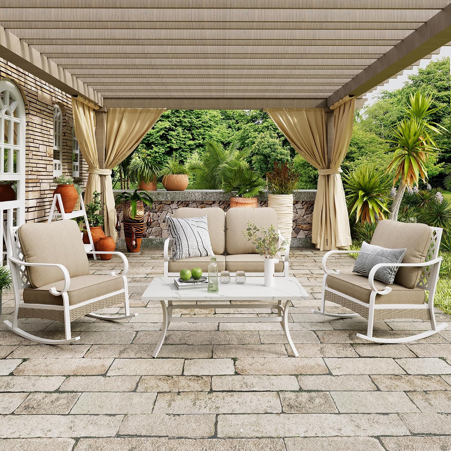 MIXPATIO 4 Piece Patio Furniture Set, 2 x Rocking Chair, 1 x 2-Seat Sofa with Marbling Coffee Table, All Cushioned 4 Seats Outdoor Conversation Set for Lawn Garden Backyard, Beige