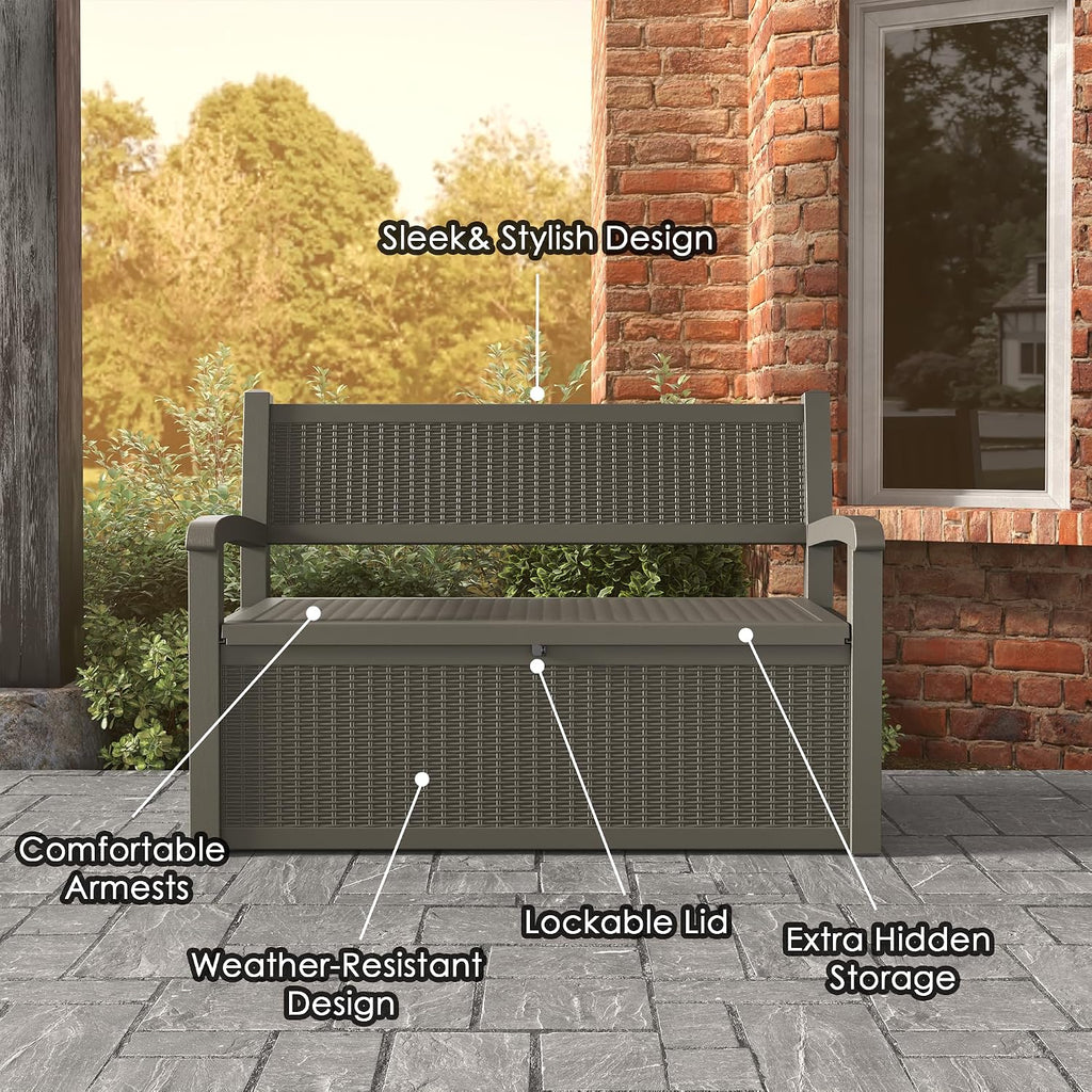 71 Gallon Outdoor Storage Bench Deck Box, Waterproof Outdoor Seating with Lockbale Shed,for Patio Storage Bench,Front Porch Decor,Store Garden Tools and Pool Supplies,Multi-functional Storage (Grey)
