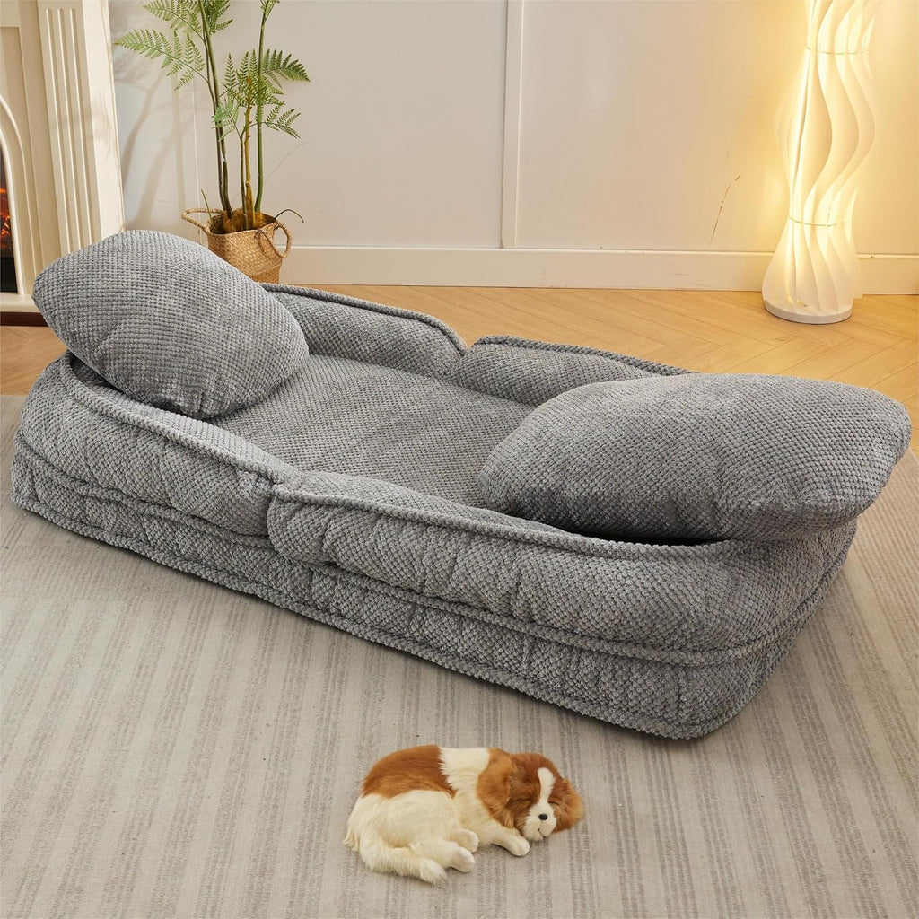 Floor Chair with Back Support, Folding Sofa Chair with 5 Adjustable Position, Plush Floor Gaming Chair, Meditation Chair for Lazy Boys, Human Dog Bed for Living Room, Lounge, Bedroom, Grey