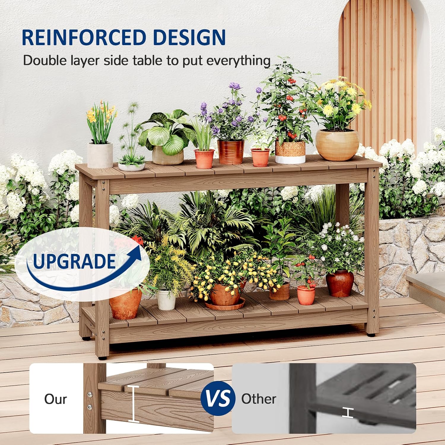 Outdoor Console Table, 48' Weather Resistant HIPS Patio Side Table, 440LBS Weight Capacity, 2-Tier Multifunctional Buffet Bar Storage Organizer for Garden Deck, Teak