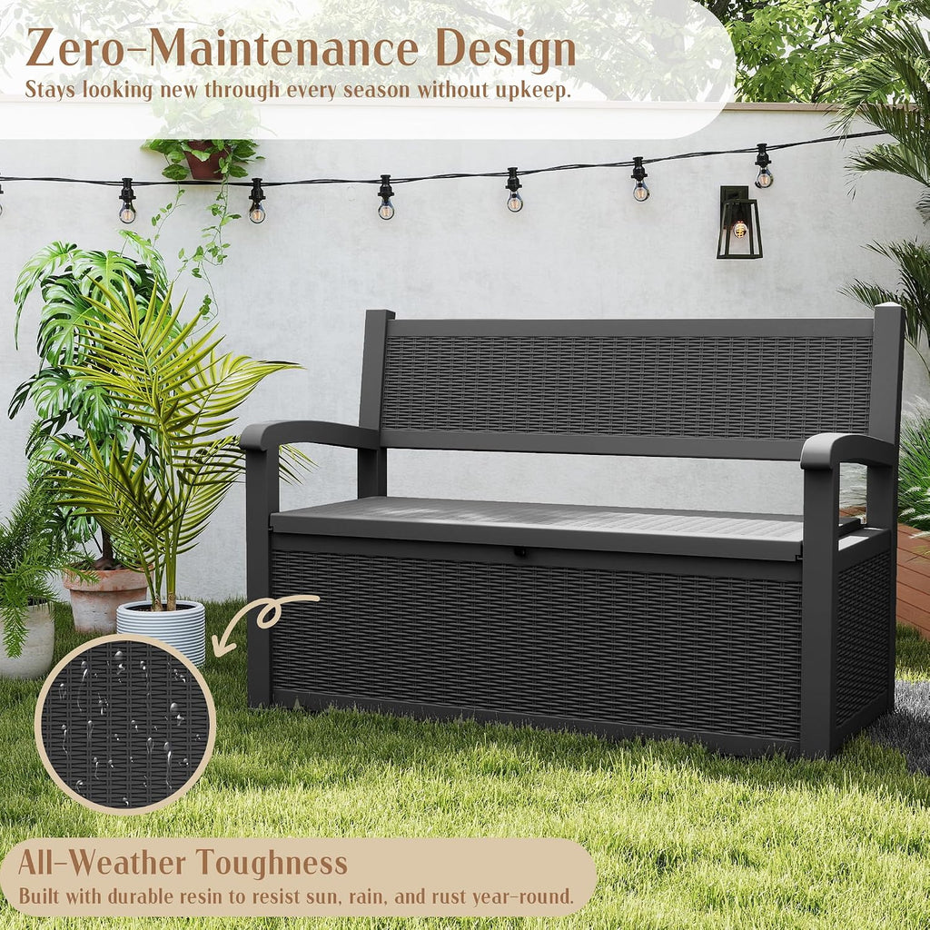 ROJIK 80 Gallon Storage Bench Deck Box Outdoor with Armrests, Resin Storage Furniture Waterproof Lockable for Porch Patio and Garden,Sturdy and Durable, Black
