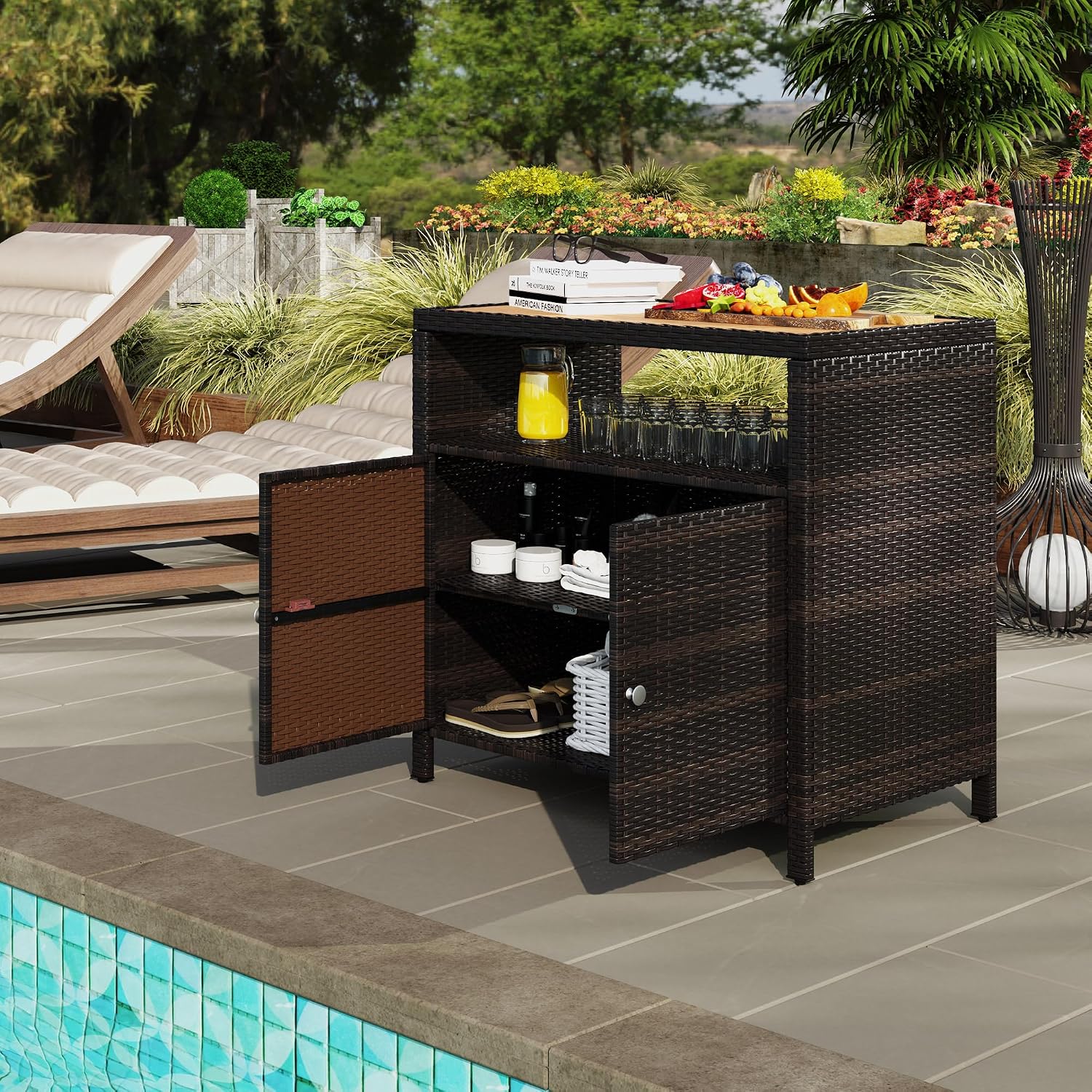 Outsunny Wicker Outdoor Storage Cabinet, Rattan Bar Table with Acacia Wood Countertop, 2 Doors and Shelf, Buffet Cabinet Sideboard for Poolside, Garden, Patio, Backyard, Brown