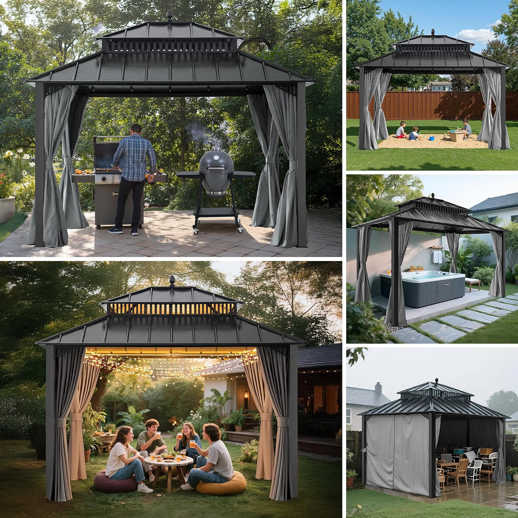SUNJOY Kingston 12' x 10' Hardtop Gazebo with Galvanized Steel Double Roof, Curtain and Netting, Gray Aluminum Posts Permanent Pavilion Gazebo for Garden, Patio, Deck, Lawn