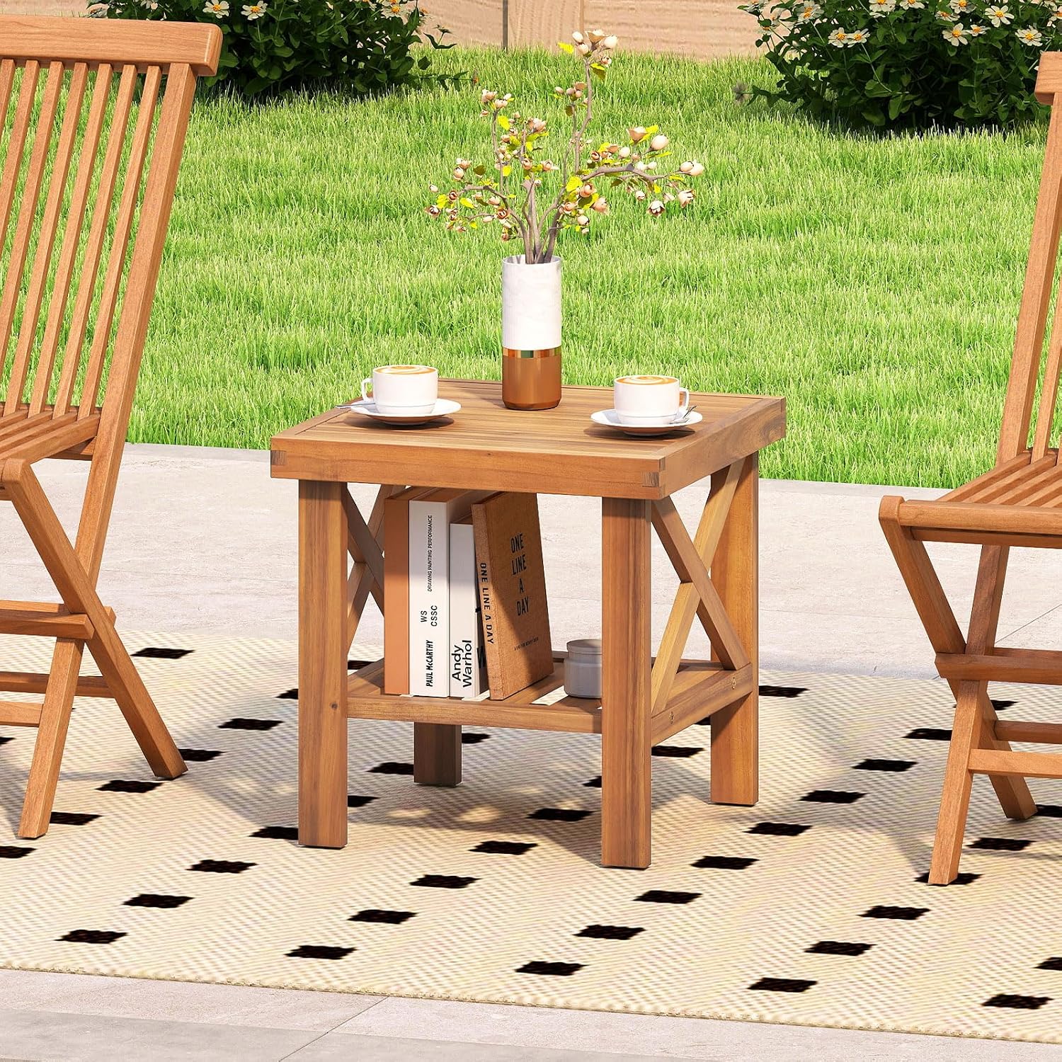 Tangkula Outdoor Side Table, 2-Tier Acacia Wood Adirondack Bistro Small Square Patio Table with Slatted Tabletop & Storage Shelf, for Yard, Deck, Garden, Poolside (2)