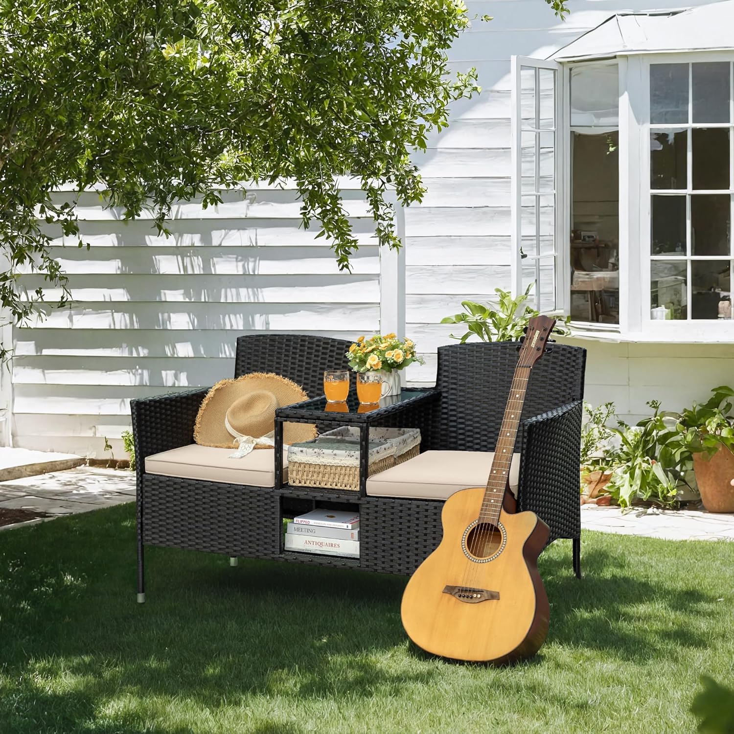 Greesum Patio Loveseat Outdoor Wicker Furniture Conversation Set with Soft Cushions & Built-in Coffee Table for Lawn Garden Backyard, Beige
