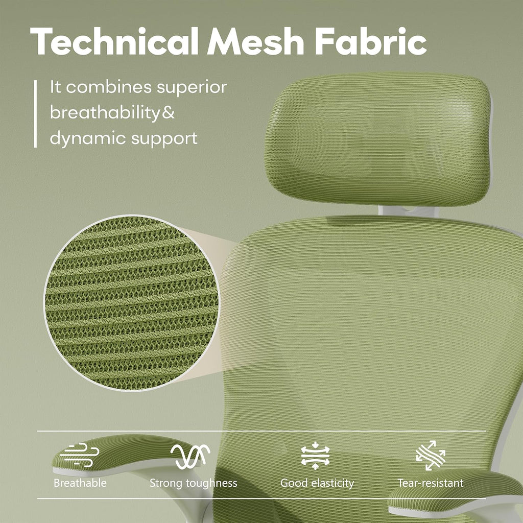 SeekFancy Ergonomic Office Chair M903, Computer Desk Chair with Wheels, High Back Mesh Office Chair with Adjustable Lumbar Support, Headrest, Flip-Up Armrests, Green