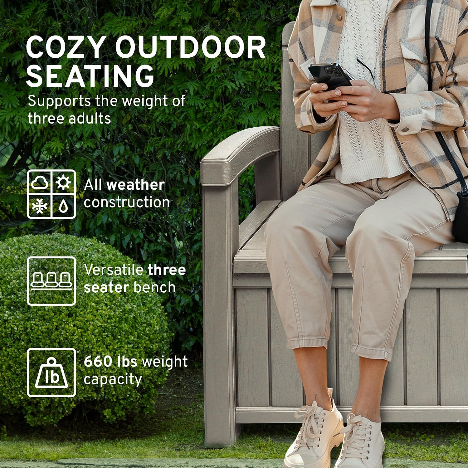 EconoHome 3 Seat Outdoor Storage Bench with Rain Cover - 90 Gallon Capacity - Weatherproof Resin Bench for Patio, Porch, Garden, Yard, Pool Area - Furniture for Pool Accessories, Gardening Tools