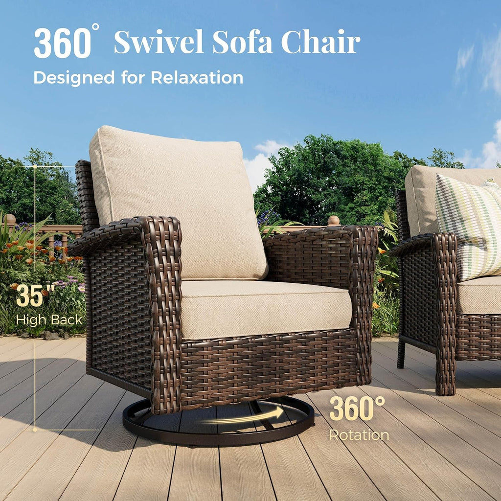 MIXPATIO 4-Piece Wicker Patio Furniture Set with Swivel Chairs, High Back Outdoor Sofa with 5.5-inch Thick Cushion, All-Weather Patio Table and Chairs Set for Deck Yard Pool, Beige