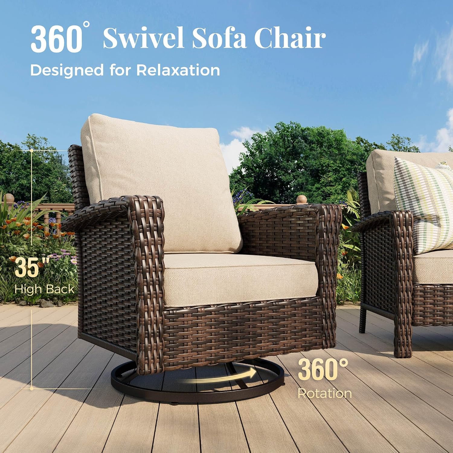 MIXPATIO 4-Piece Wicker Patio Furniture Set with Swivel Chairs, High Back Outdoor Sofa with 5.5-inch Thick Cushion, All-Weather Patio Table and Chairs Set for Deck Yard Pool, Beige