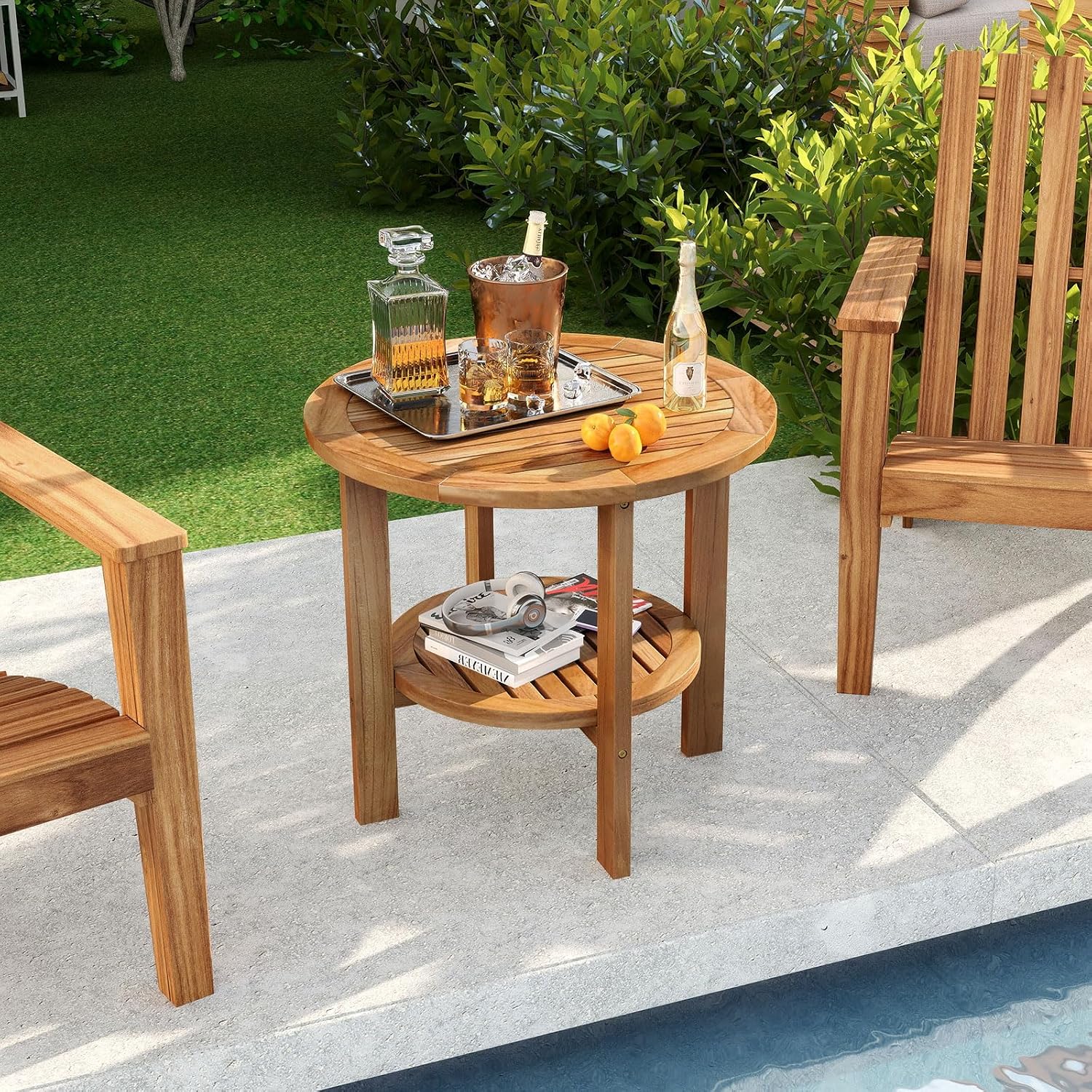 Tangkula Outdoor Round Side Table, 19.5 Inches Teak Wood Patio Table with Slatted Tabletop & Storage Shelf, 2-Tier Heavy Duty Small End Table for Backyard, Porch, Deck, Yard, Garden, Natural