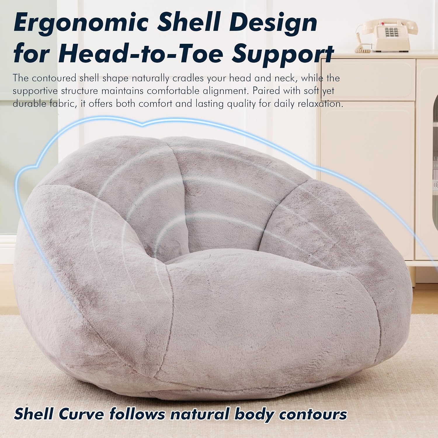 3.28 Feet Bean Bag Chair for Adults, Shell-Shaped Bean Bag Lazy Couch, Faux Fur Cloud Sofa Chair, Lounge Floor Sofa with Filler for Reading, Gaming & Watching, No Assembly Required (Light Grey)