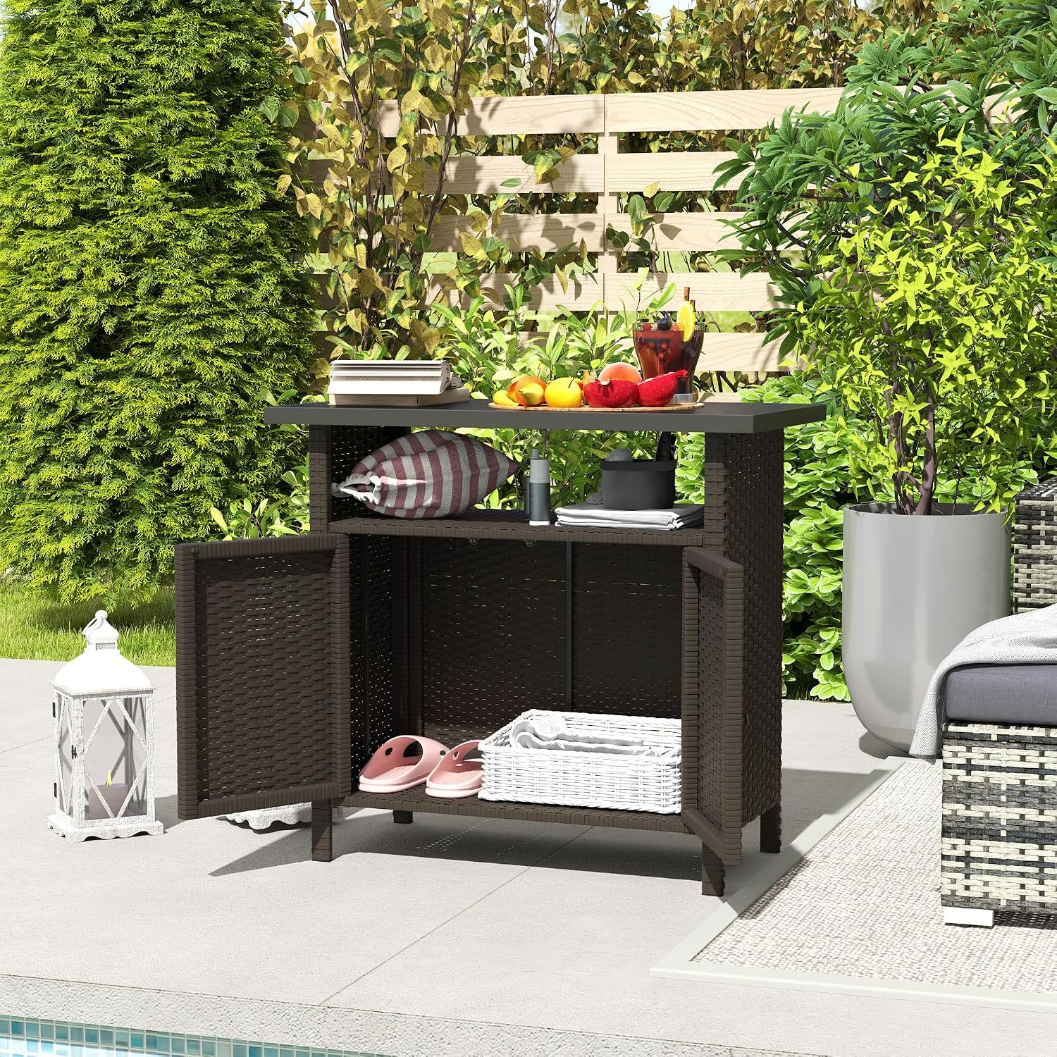 Outsunny Wicker Outdoor Storage Cabinet, Rattan Outdoor Bar Table with 2 Doors and Shelf, Outdoor Buffet Cabinet Sideboard with Metal Slatted Countertop for Poolside, Patio, Backyard, Dark Coffee