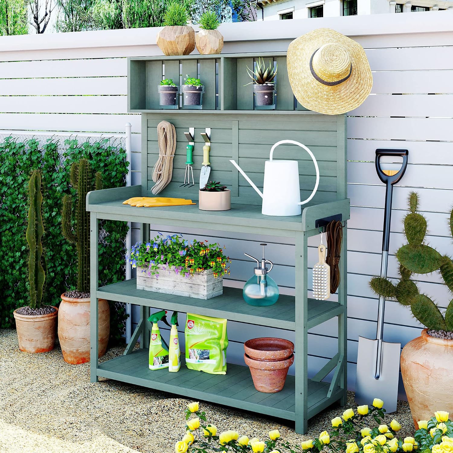 Harper & Bright Designs 65' Large Wooden Farmhouse Rustic Outdoor Potting Bench Table with 4 Storage Shelves and Side Hook, Patio Workstation, for Garden, Backyard, Green