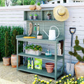 65' Large Outdoor Farmhouse Wooden Potting Bench Table, Patio Workstation with 4 Storage Shelves and Side Hook for Backyard, Mudroom Garden (Green#3, 65')