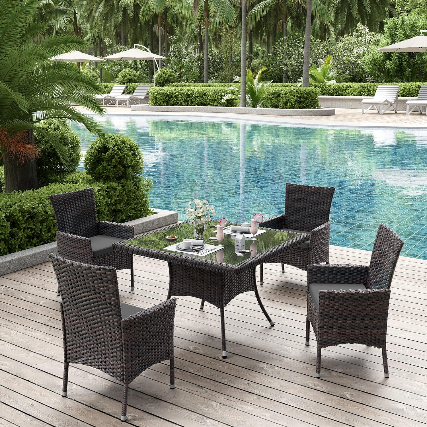 ALAULM 5 Piece Patio Dining Set All-Weather Wicker Outdoor Furniture Set w/Tempered Glass Tabletop, Removable Cushions and Umbrella Hole for Patio, Backyard, Garden, Poolside（Grey）