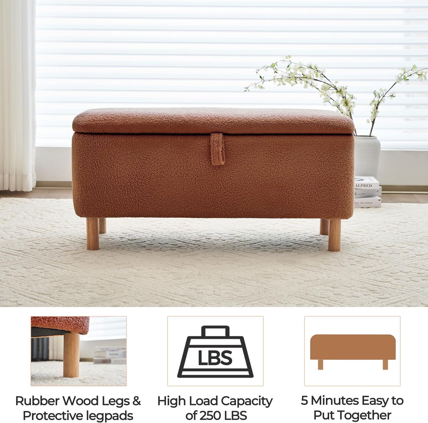 Boucle Storage Ottoman Bench for Bedroom end of Bed, Sherpa Upholstered Shoe Seat Storage Bench for Entryway Bed Foot, Rectangle Cushion Padded Blanket Chest Cute for Living Room, Burnt Orange