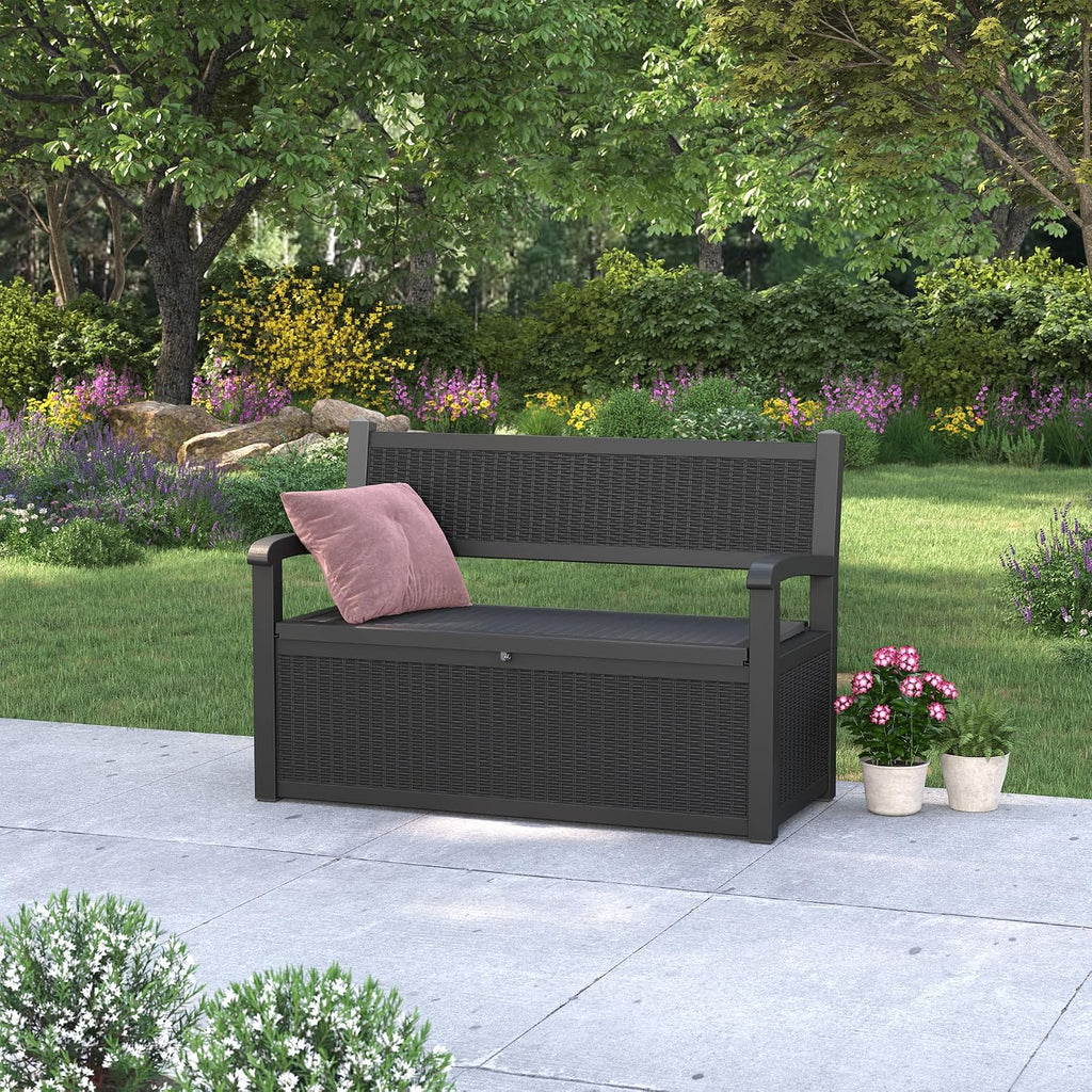 70 Gallon Lockable Outdoor Storage Bench with Armrests | Waterproof Resin Deck Box for Porch, Patio, Pool | Easy to Assemble & Clean - Black