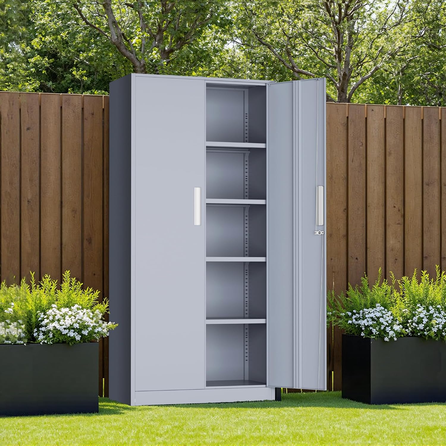 Incbruce 72' H x16 D Patio Metal Storage Cabinet, Outdoor Storage Cabinet with Doors and Adjustable Shelves, Tool Shed for Home, Patio, Office (Grey)