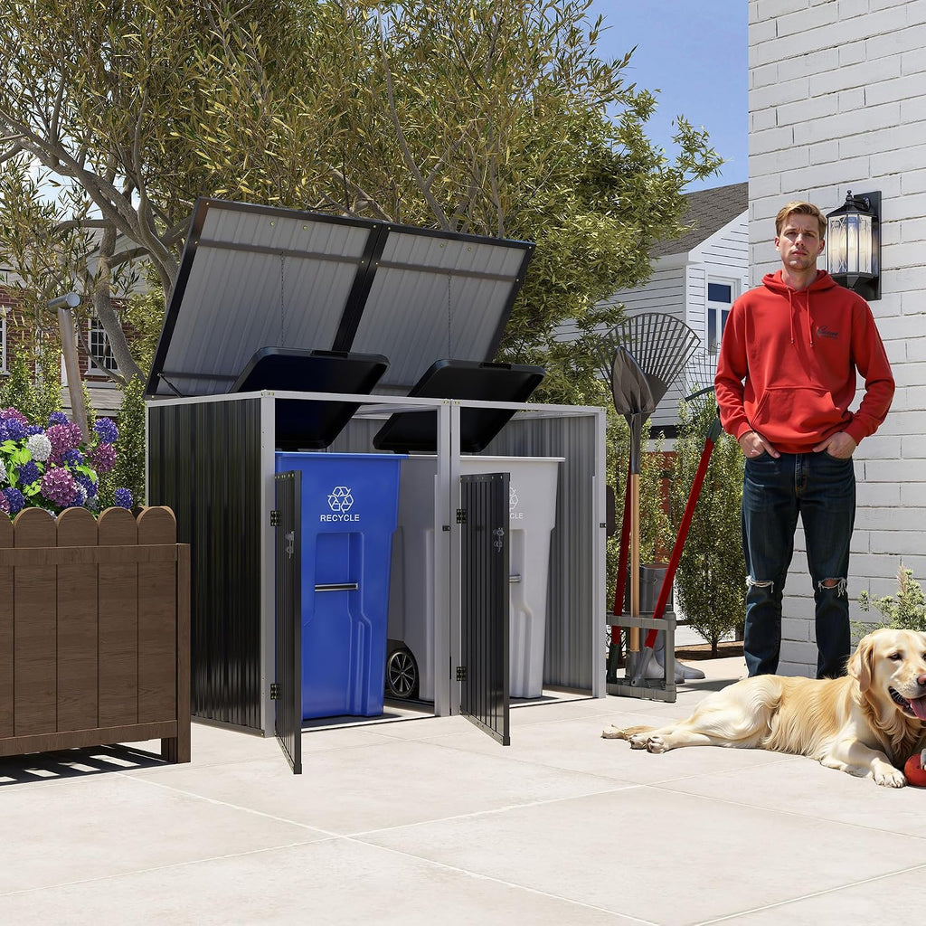 Montary 54 CU.FT Metal Outdoor Garbage Bin Storage Shed with Chain Lid, Waterproof Trash Can Organizer for 2 Bins, Garden Tools for Garden Yard Lawn, Dark Grey