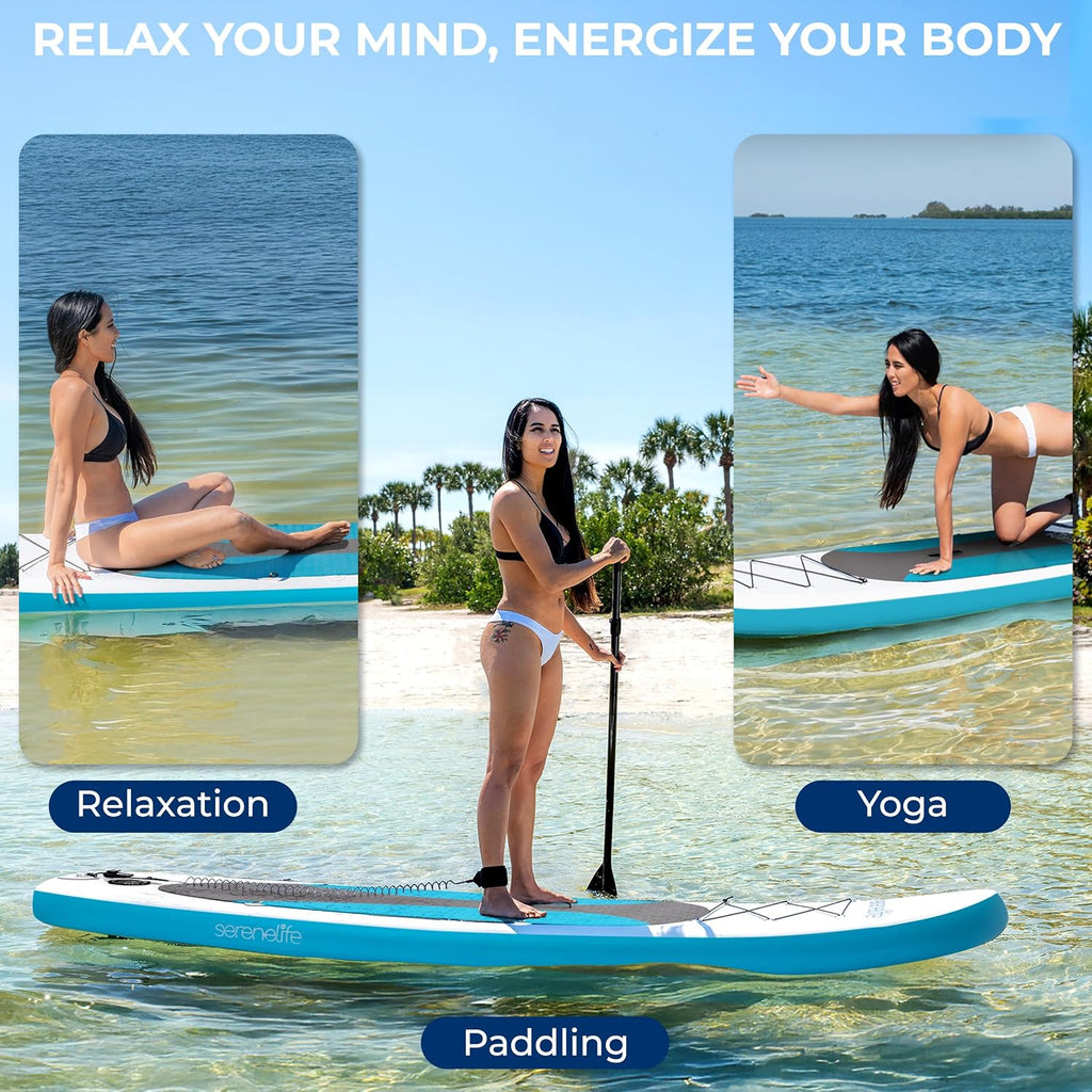 SereneLife Inflatable Stand Up Paddle Board - Wide Stable Design, Non-Slip Deck for Adults & Youth with Premium Paddle Board Accessories: Carry Bag, Dual Action Pump, Paddle, Ankle Leash - 10'