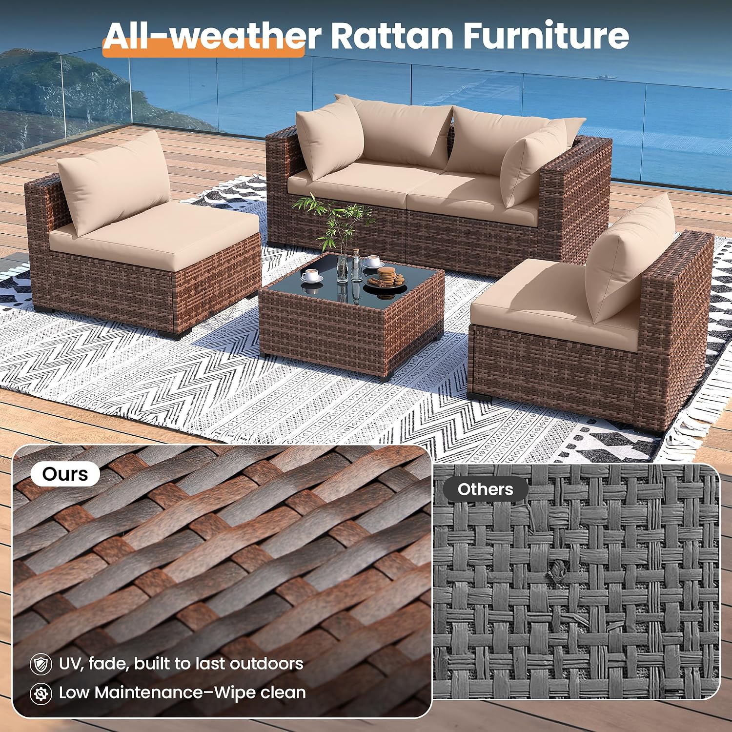 UDPATIO Patio Furniture Set with Fire Pit Table, 5 Piece Outdoor Sectional Sofas, All-Weather Wicker Conversation for Garden, Backyard, Khaki