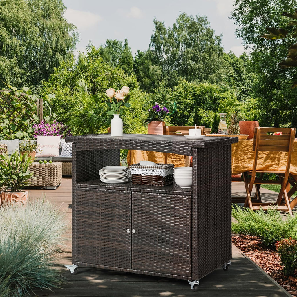 Outdoor Storage Cabinet,Outdoor Cabinet for Patio Bar Cart with Rolling Wheels Patio Bar Table with Storage Wicker Buffet Cabinets prep Table Kitchen Serving Cart with Door,Shelves,Handle Brown