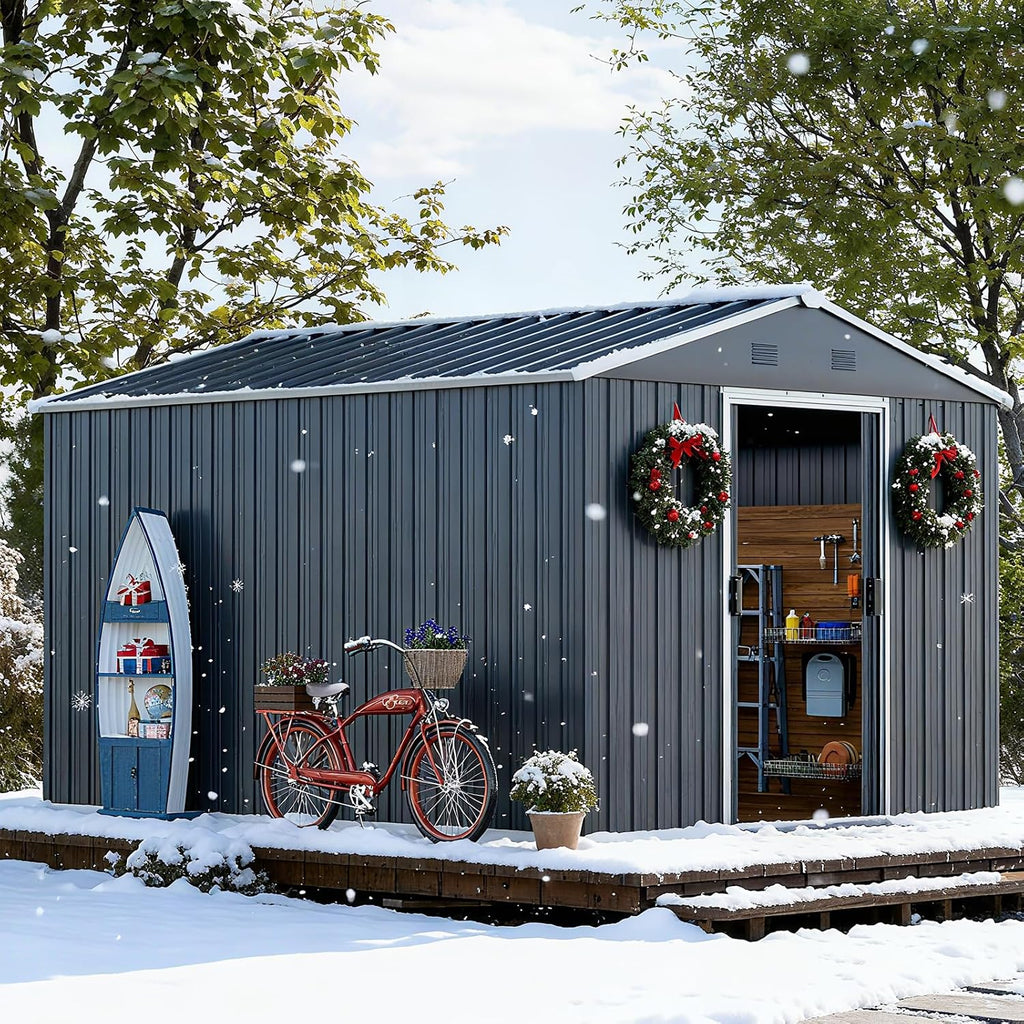 10x8 FT Outdoor Storage Shed, Large Garden Tool Metal Sheds with Sloping Roof and Lockable Door, Outdoor Storage Shed for Backyard Garden Patio Lawn, Grey