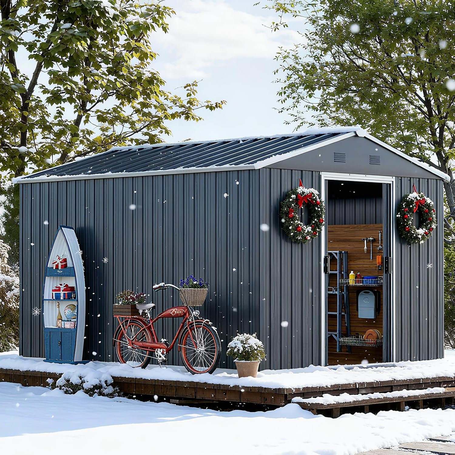 10x8 FT Outdoor Storage Shed, Large Garden Tool Metal Sheds with Sloping Roof and Lockable Door, Outdoor Storage Shed for Backyard Garden Patio Lawn, Grey