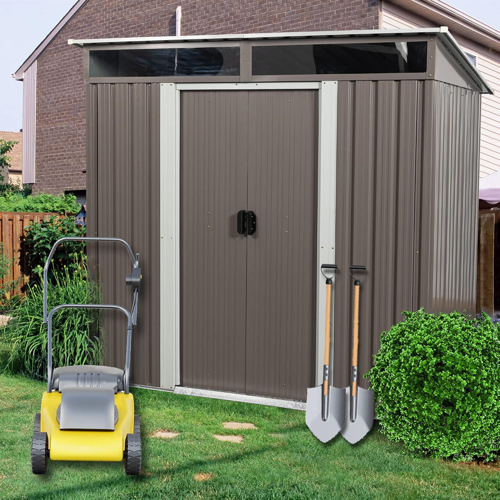 6ft X4.5ft Outdoor Storage Shed with Metal Foundation and Sliding Doors, Waterproof Tool Storage Shed for Patio Lawn Backyard (Gray- 6ft x 4.5ft)