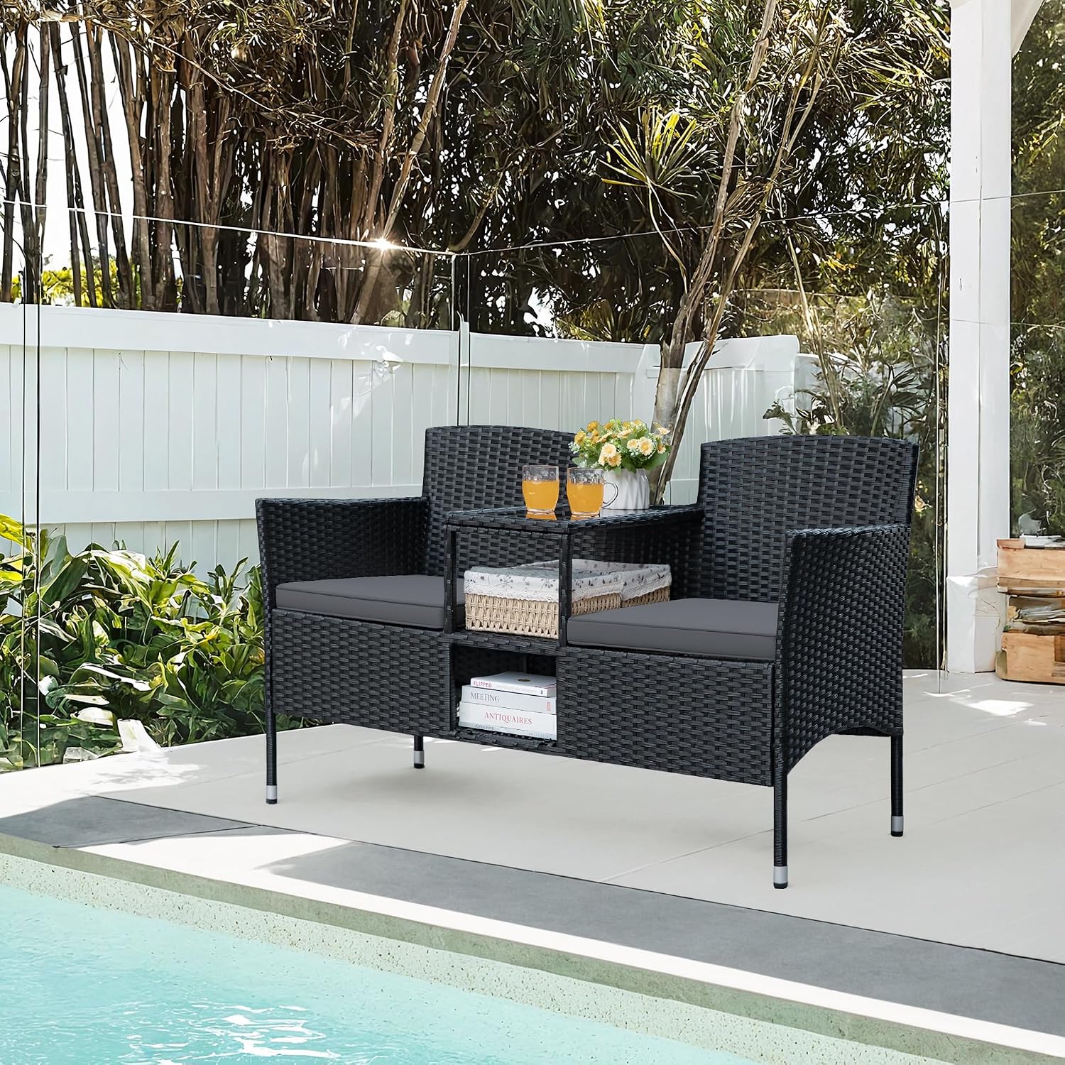 Greesum Patio Loveseat Outdoor Wicker Furniture Conversation Set with Soft Cushions & Built-in Coffee Table for Lawn Garden Backyard, Gray