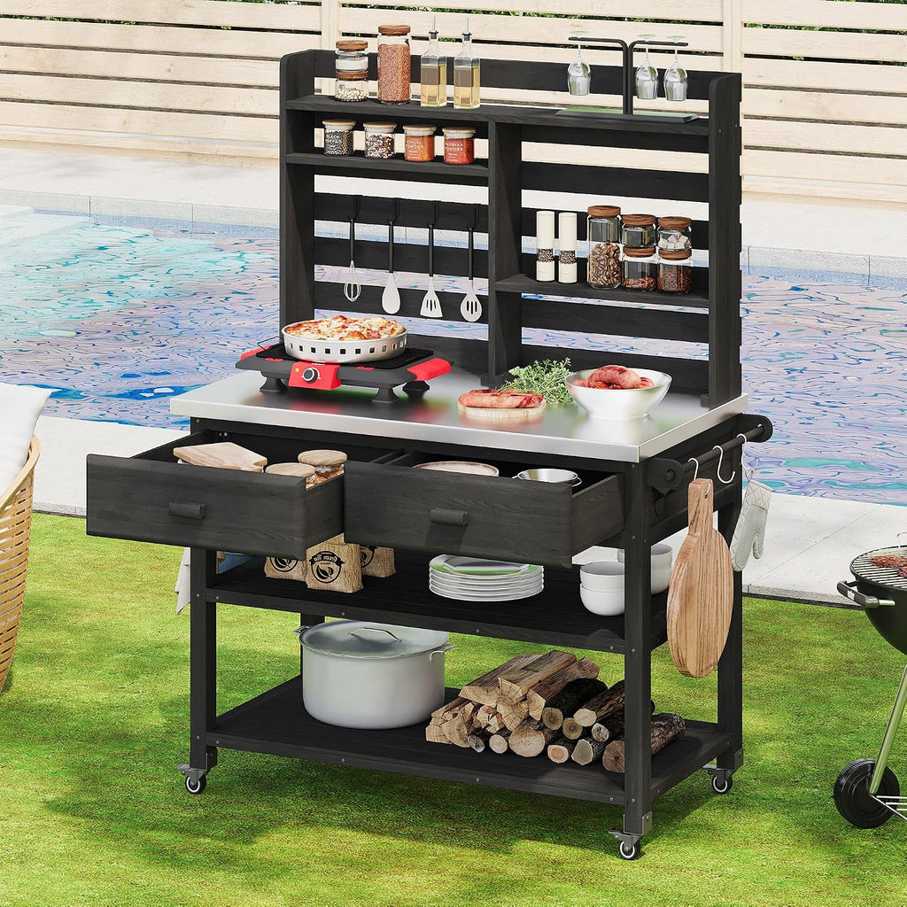 Outdoor Potting Bench Table with Lockable Wheels, Solid Wood Outdoor Kitchen Island with Upper Hutch, Stainless Steel Top, Storage for Grilling, Lawn & Garden
