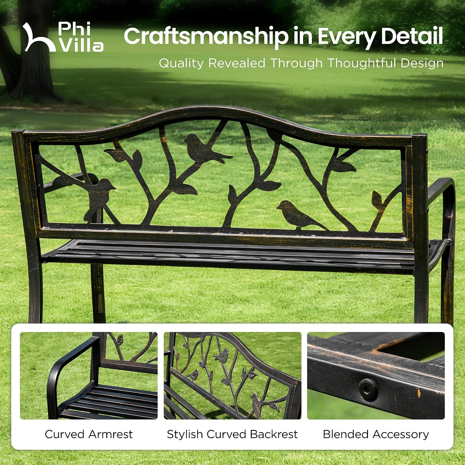 PHI VILLA Outdoor Garden Park Bench Patio 50' Metal Bench, Steel Frame Bench with Backrest and Armrests for Porch, Lawn, Balcony, Backyard and Indoor, Bronze