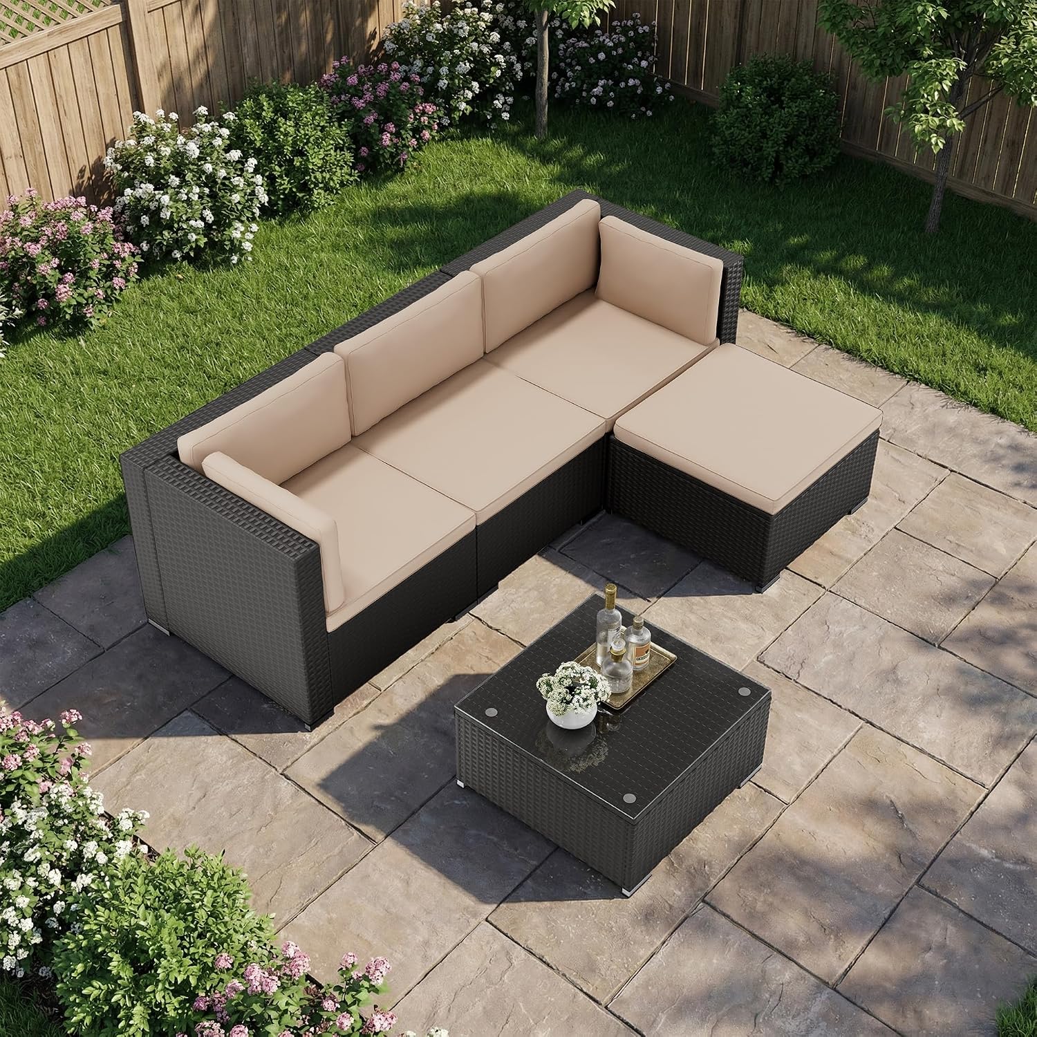 Oakcloud 5-Piece Outdoor Patio Furniture Sofa Set Black Rattan Wicker Sectional Conversation Sets with Glass Top Table and Cushions(Brown)