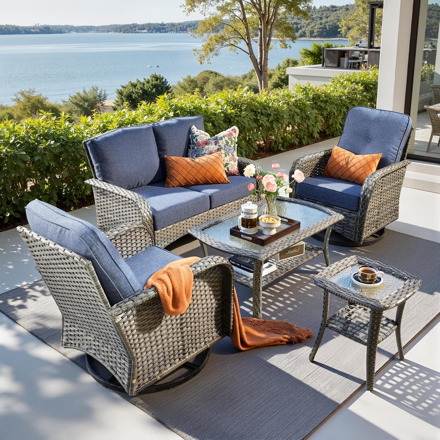 CAODOC 5 Pieces Patio Furniture Set,Outdoor Furniture with Rockers, Rattan Conversation Sets w/Coffee Table, Grey Wicker Blue Cushion