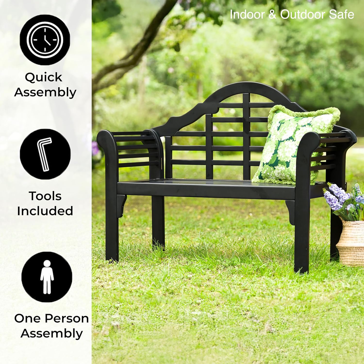 Plow & Hearth Weatherproof Lutyens Eucalyptus Wood Garden Bench | Foldable Patio Bench | Outdoor Furniture Seating for Porch Park Deck | Black