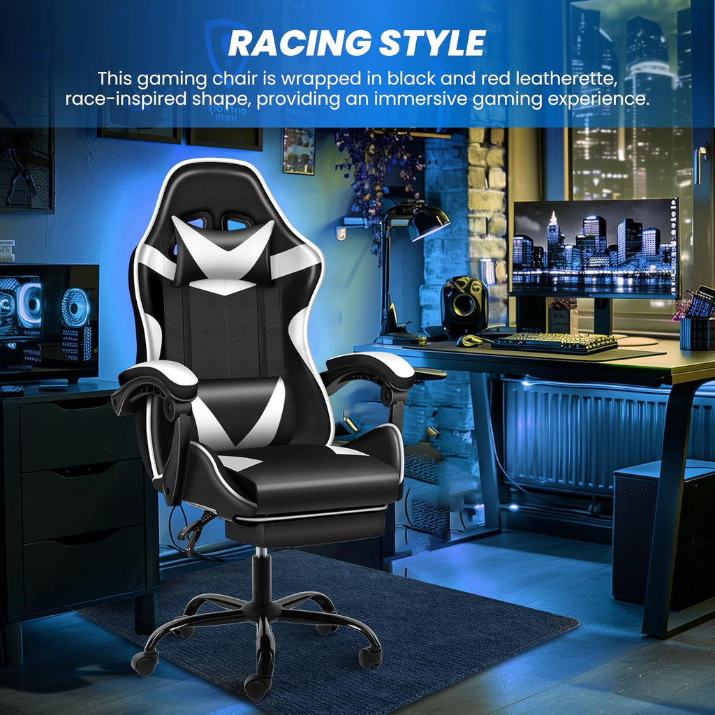 YSSOA Gaming Chair, Computer Chair with Footrest, Height Adjustable & 90°-135° Tilt Function, Swivel Recliner Ergonomic Racing Style Video Game Chair with Lumbar Support (Black/White)
