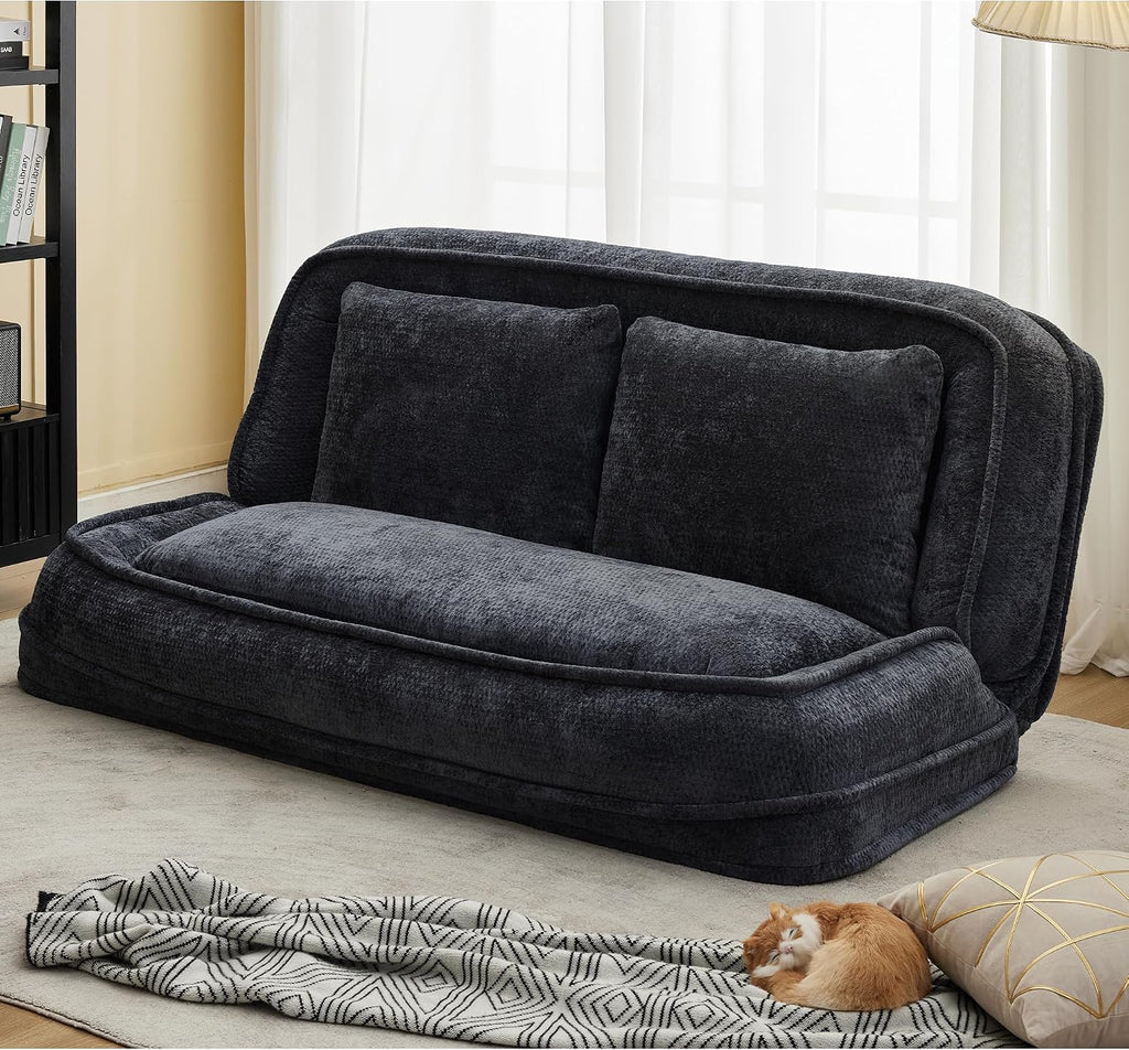 Floor Chair with Back Support, Human Dog Bed, Folding Loveseat with 5 Adjustable Position, 2 Back Cushions, Chenille Meditation Gaming Chair for Lazy Boys, Living Room, Lounge, Bedroom, Black