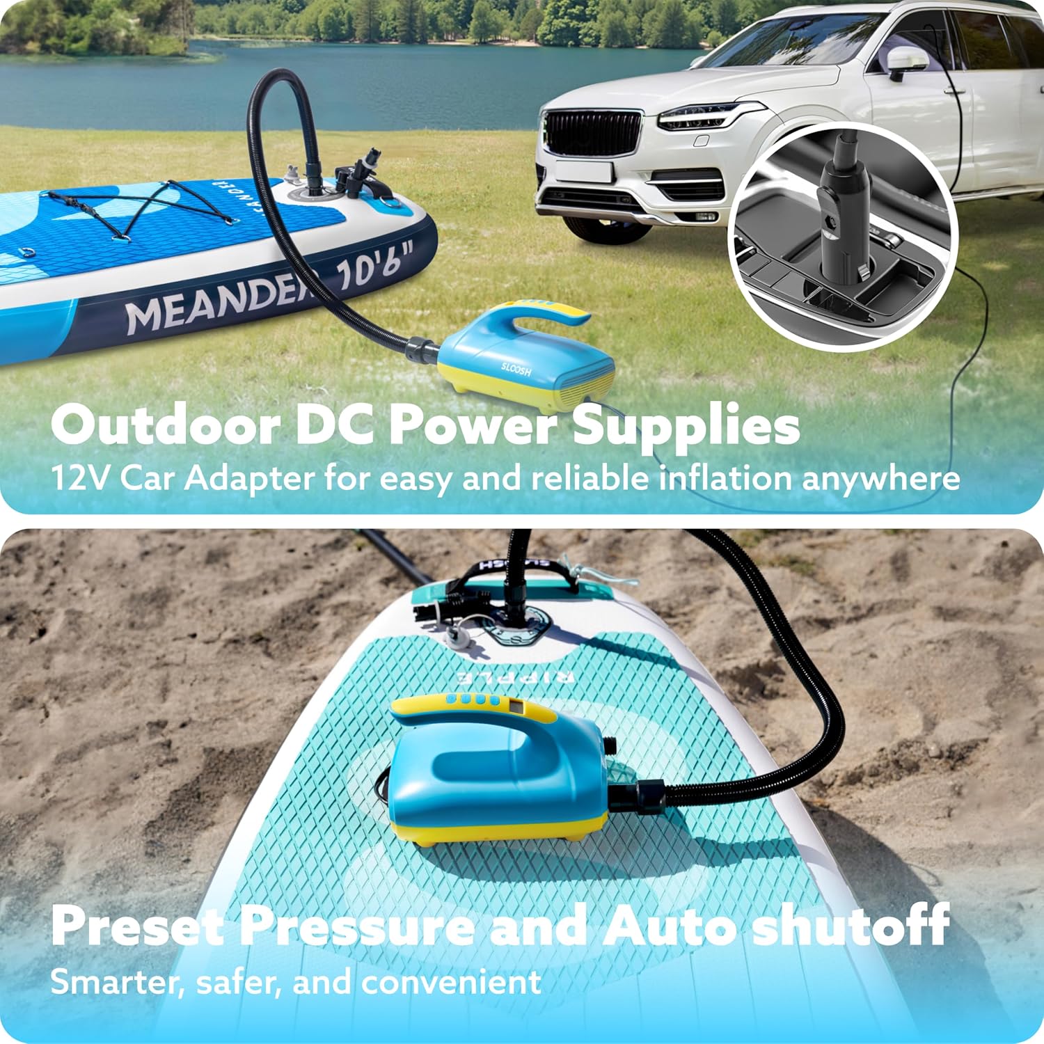 SLOOSH Inflatable SUP & Electric Pump Bundle – 10'6' Paddle Board with Premium Accessories, Non-Slip EVA Deck, 20 PSI Dual-Stage Pump for Fast Inflation, Perfect for Youth & Adults of All Skill Levels