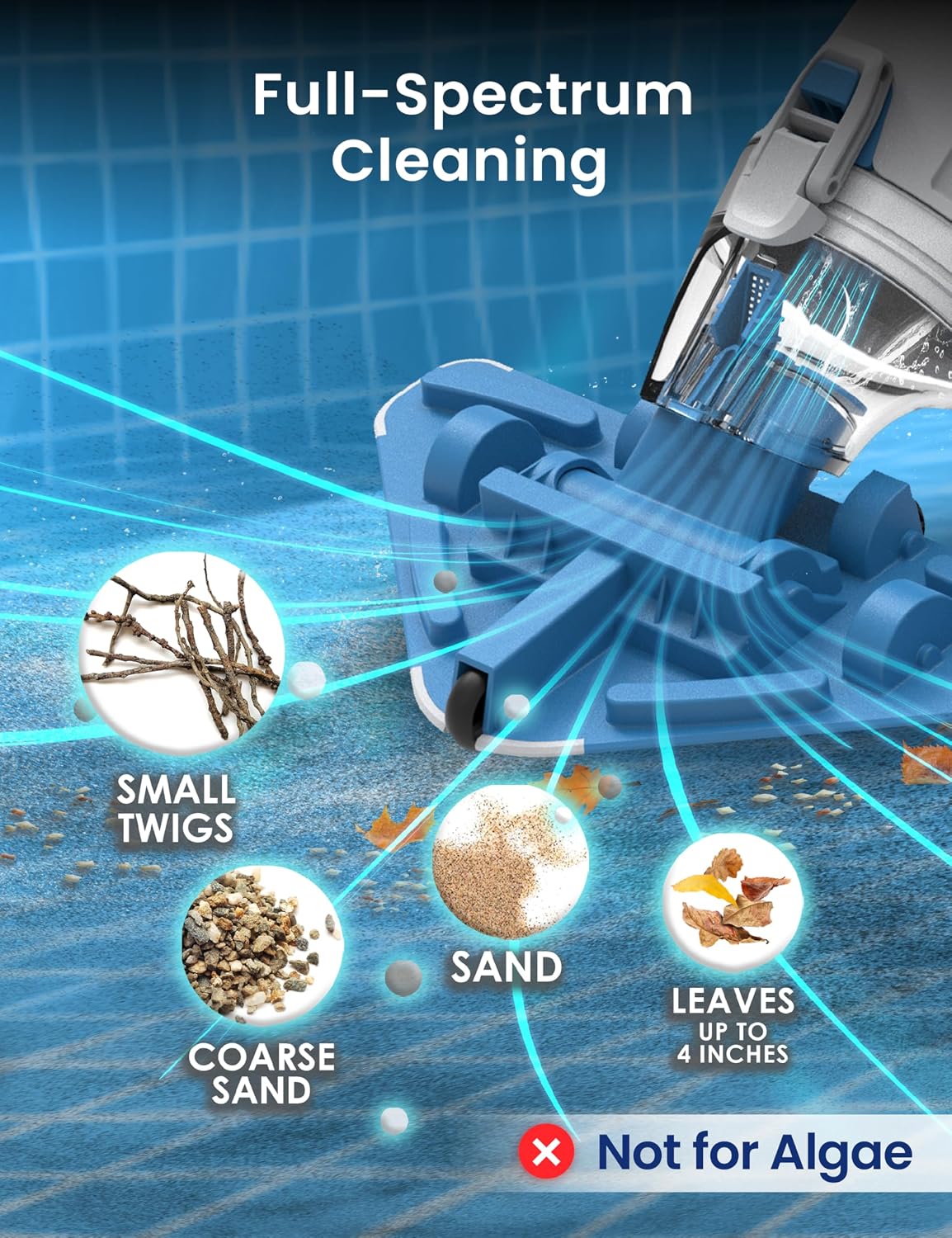 KOKIDO Rechargeable Cordless Pool Vacuum for Above Ground Pool and Pond Cleaner, 72' Aluminum Pole, Standard & Fine Filters, 2 Brush Vac Heads, Handheld Pool Cleaner Spot Clean Inground Pools XV320