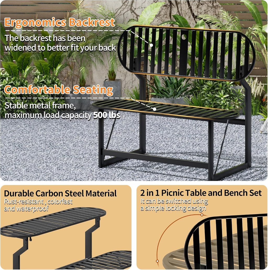 Convertible Bench, 2 in 1 Carbon Steel Picnic Table, Transforming Interchangeable Outdoor Table with Umbrella Hole, for Outside Patio Porch Backyard Park Garden 1 Pack Black Bench