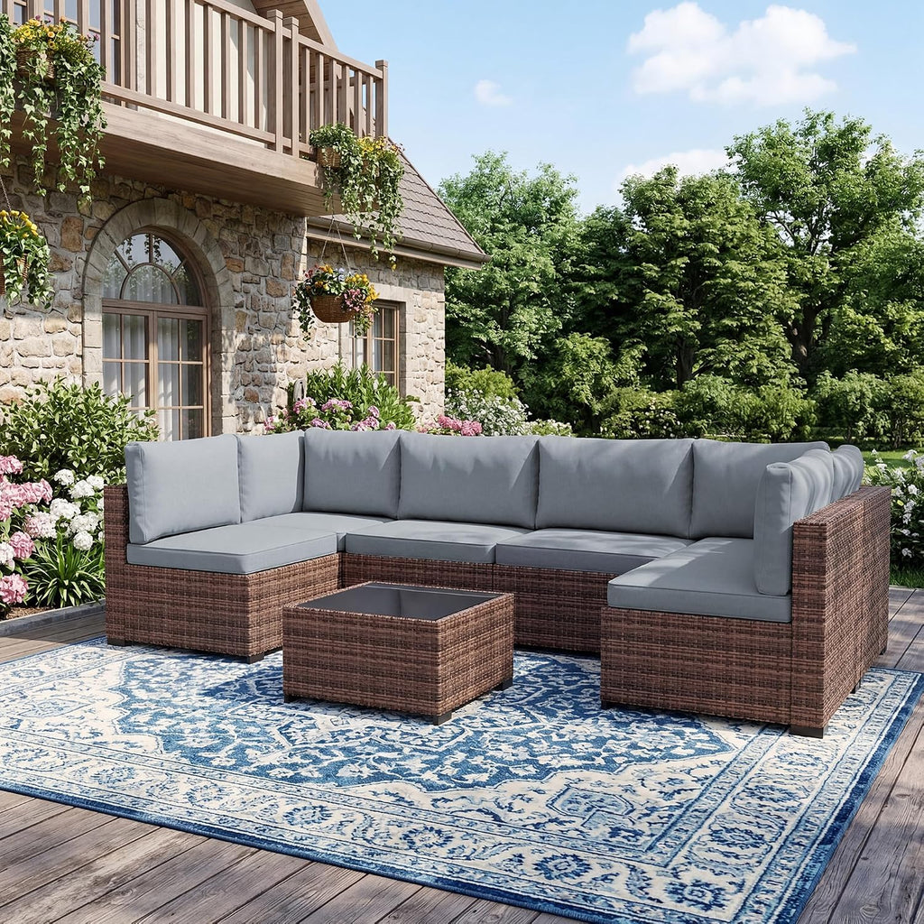 LHBcraft Patio Furniture Set,7 Pieces Outdoor Wicker Rattan Patio Furniture with Rain Cover, Wicker Rattan Outdoor Sectional Sofa Set with Coffee Table for Garden, Taupe-Blue