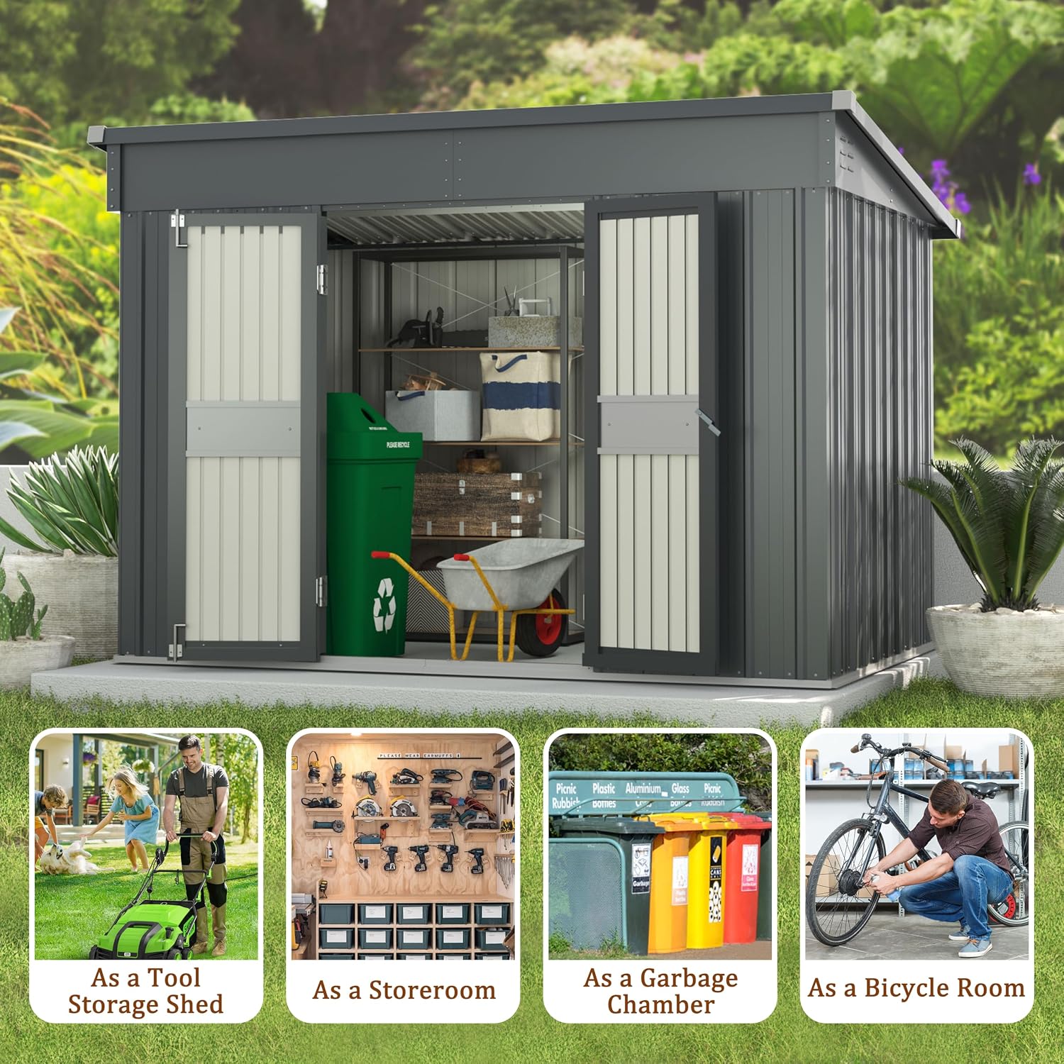 MUPATER 6x10 FT Outdoor Storage Shed,Galvanized Metal Shed Storage House with Lockable Door & Vents for Garden,Patio, Backyard, Grey