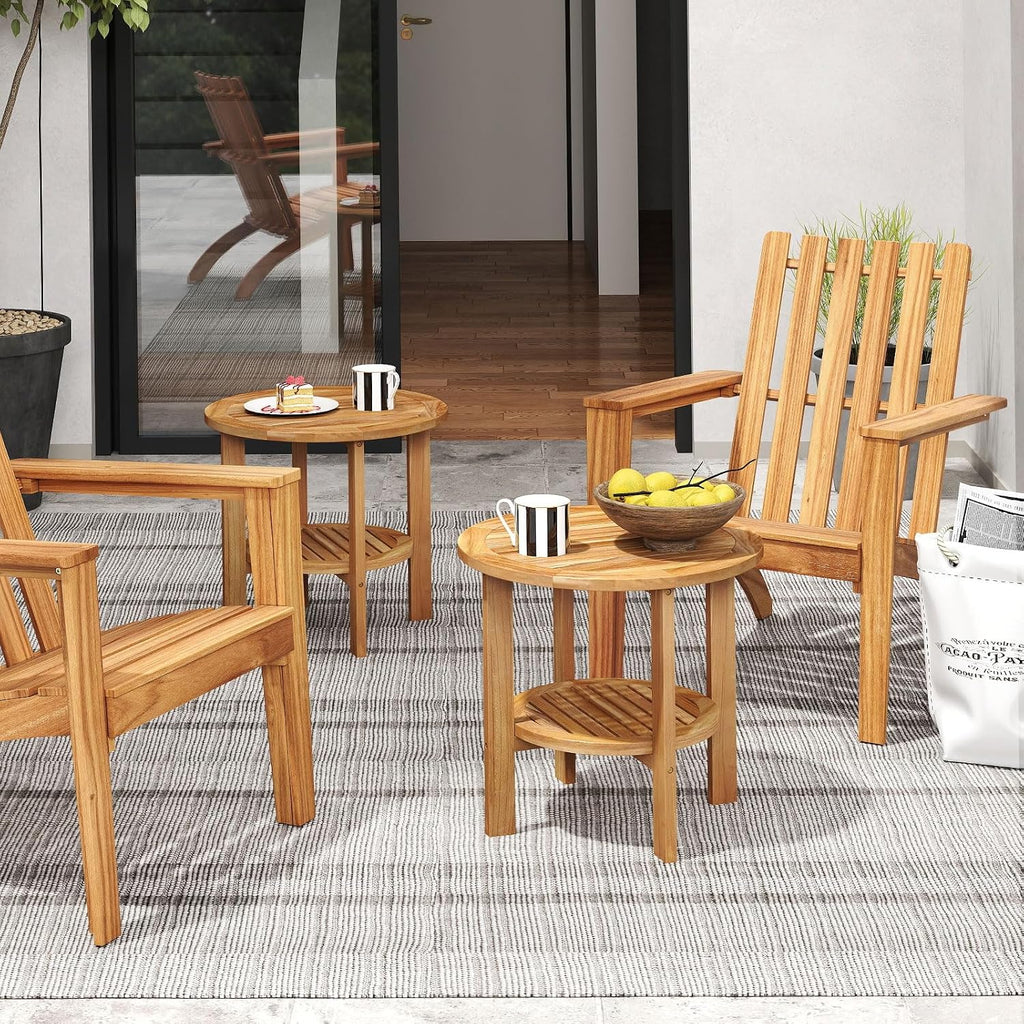 Tangkula Outdoor Round Side Table, 19.5 Inches Teak Wood Patio Table with Slatted Tabletop & Storage Shelf, 2-Tier Heavy Duty Small End Table for Backyard, Porch, Deck, Yard, Garden, Natural