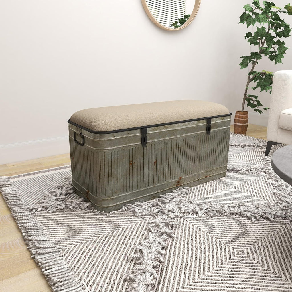 Deco 79 Metal Room Storage Bench Galvanized Entryway Bench with Cream Burlap Top and Black Latches, Bench 38' x 16' x 19', Gray