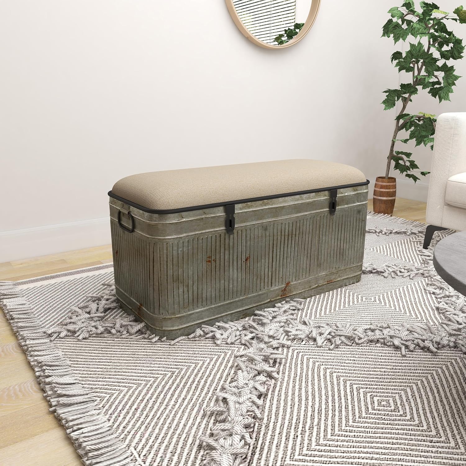 Deco 79 Metal Room Storage Bench Galvanized Entryway Bench with Cream Burlap Top and Black Latches, Bench 38' x 16' x 19', Gray