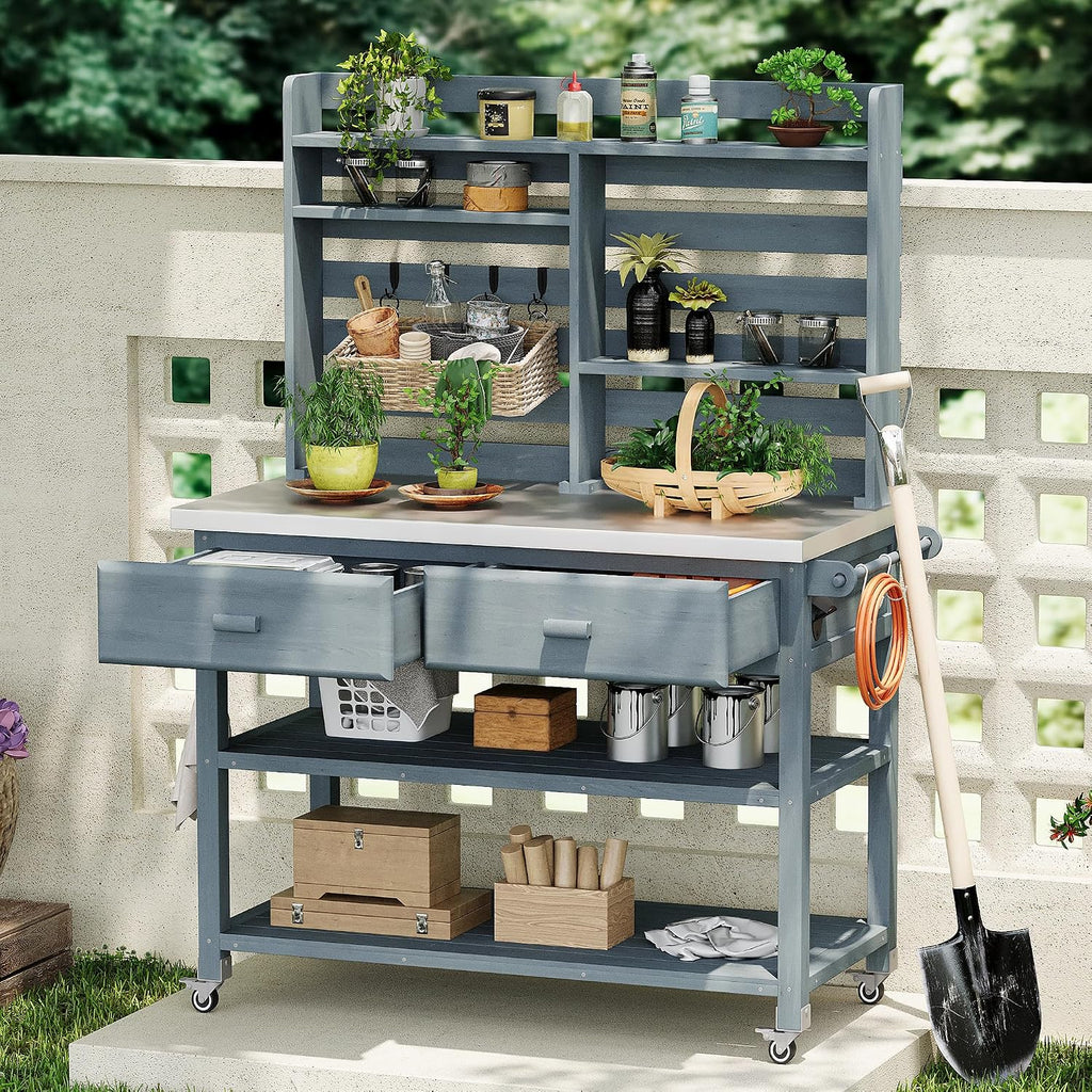 Merax 64.9'H Outdoor Potting Bench Table with Lockable Wheels, Solid Wood Outdoor Kitchen Island with Upper Hutch, Stainless Steel Top, Towel Rack, Outdoor Storage for Grilling, Lawn Garden, Grey Blue